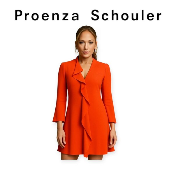 Proenza Schouler Mini Shift Dress Ruffle Embellishment V-Neck Burnt Orange W 10 - Picture 1 of 16